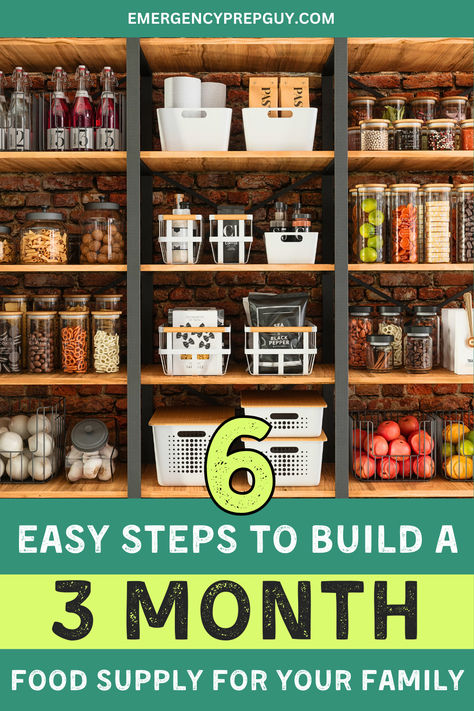 Organized pantry shelves filled with various food items stored in jars and containers, emphasizing food supply, food storage, prepper, emergency preparedness, and emergency food. 52 Week Food Storage Checklist, Pantry Prepping Emergency Preparedness, Food Emergency Preparedness, 6 Month Emergency Food Supply List, Food For Emergency Kit, 3 Month Food Storage Plan, 3 Month Food Supply List, 3 Month Emergency Food Supply List, Emergency Food List