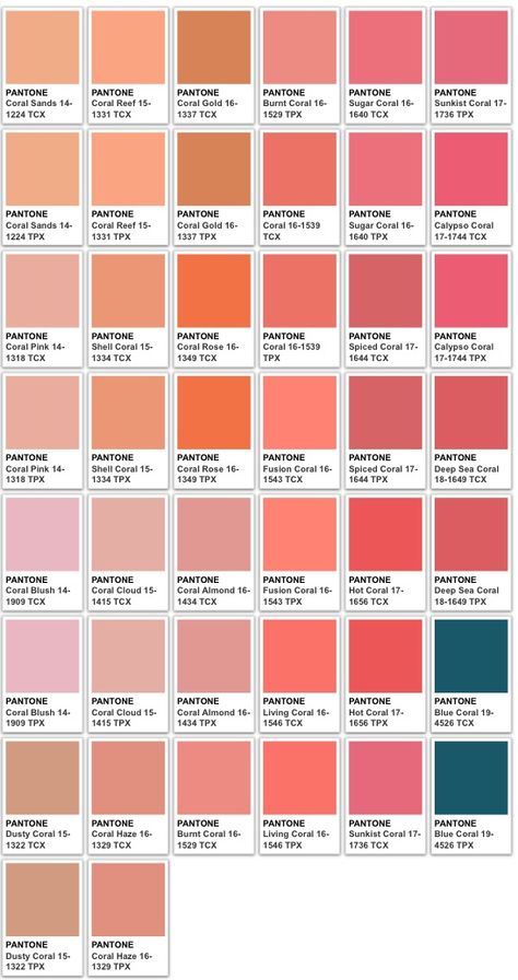 Pantone Tpx Colors, How To Make Coral Color, Pantone Colors Pastel, Coral Color Palette, Coral Pantone, Pantone Color Chart, Coral Colors, Penanda Buku, Pantone Palette