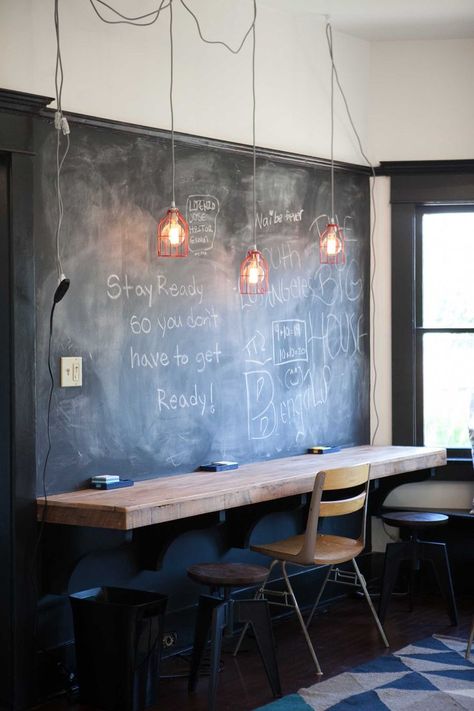 AFTER: A chalkboard wall, new light fixtures, and a bar at laptop height. #ThisNestHome Chalkboard Wall Playroom, Homework Room, Homework Station, Chalk Wall, Homeschool Room, Google Store, Chalkboard Wall, Pinterest Management, School Room