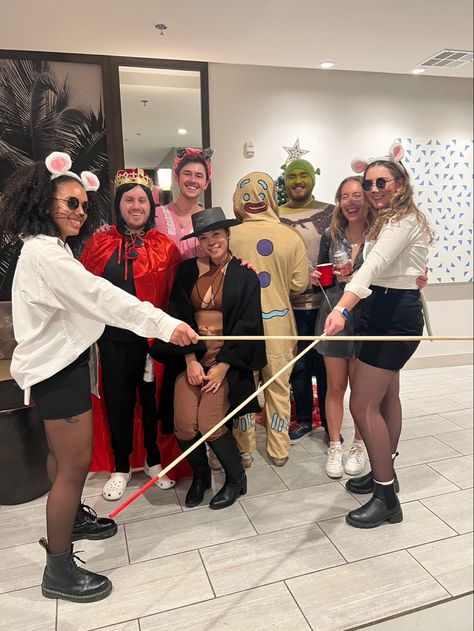 Group Cartoon Characters Costumes, Birthday Party Dress Up Themes For Adults, Shrek Themed Party Outfit, Shrek Themed Outfit Ideas, Christmas Theme Costume Ideas, Shrek Character Costumes Women, Human Shrek And Fiona Costume, 3 Blind Mice Costume Shrek, Group Halloween Costumes Mixed Gender