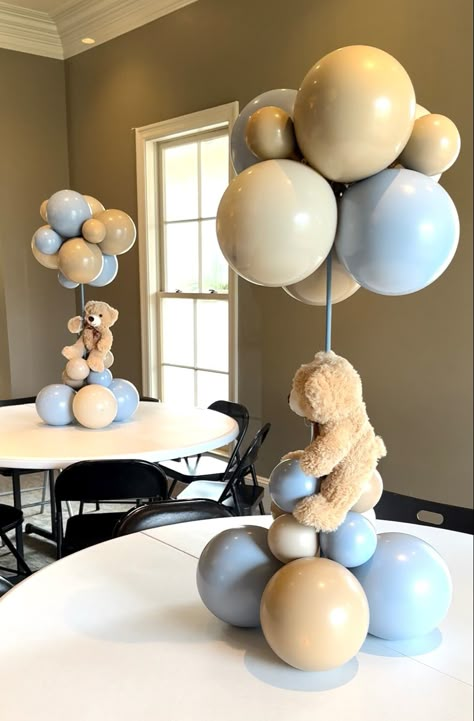 Dusty blue colored balloons baby boy nursery color, shower decorations Brown And Blue Teddy Bear Baby Shower Theme, Bear And Balloons Decoration, Bearly Wait Table Decor, Babyboy Baby Shower Decorations, Babyshower Ideas Baby Boy, Baby Shower Baloon Idea, Teddy Bear Centerpieces With Balloons, Baby Boy Balloons Decoration, Babyshower Teddy Bear Boy