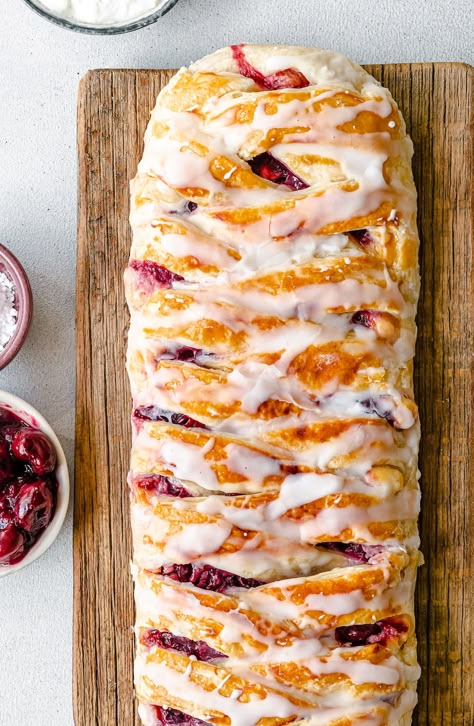 Danish Recipe Cream Cheese, Homemade Cherry Danish, Cherry Cream Cheese Danish With Crescent Rolls, Easy Cherry Cheese Danish, Cranberry Cheese Danish, Cream Cheese Filling For Danish, Puff Pastry Recipes Danish, Cherry Cheese Danish Crescent Rolls, Easy Puff Pastry Dessert Cream Cheese