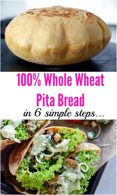 Whole Wheat Pita Bread Recipe, Wheat Pita Bread Recipe, Healthy Pita Bread, Hummus Olive, Pita Pocket Recipes, Whole Wheat Pita Bread, Veggies Salad, Homemade Pita Bread, Homemade Pita