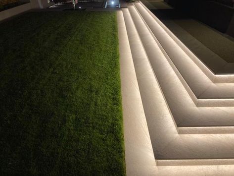 Italian porcelain with LED strip lights Patio Step Lighting, Entrance Stairs Outdoor Modern, Lights On Stairs Outside, Patio Stair Lighting, Led Strip Stairs, Lights In Steps Outside, Steps With Led Lights, Outdoor Strip Lighting, Garden Stairs Design Outdoor Steps