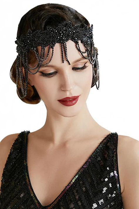 Amazon.com : BABEYOND 1920s Flapper Headpiece Headband Great Gatsby Chain Headband for Women (Black) : Beauty & Personal Care Roaring 20s Hairstyles, 20s Headband, 1920s Hair Accessories, 20s Hair, Flapper Hair, Gatsby Hair, 1920s Headband, Gatsby Headpiece, Flapper Headpiece