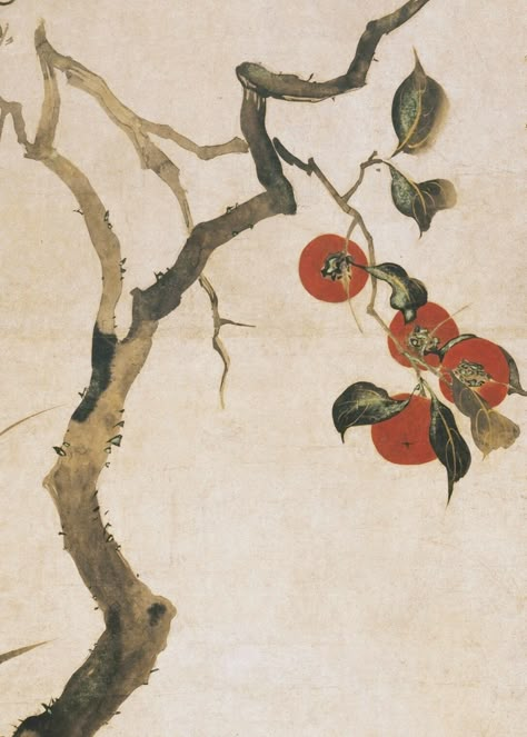 Detail. 酒井抱一筆 柿図屏風 The Persimmon Tree. Sakai Hōitsu (Japanese, 1761–1828) Period:Edo period. Date:1816. Two-panel Japanese folding screen; ink and color on paper. Rimpa School. Met Museum. Persimmon Tree Painting, Japanese Tree Art, Sakai Hoitsu, Persimmon Tree, Japanese Tree, Korean Painting, Japan Painting, Chinese Art Painting, Japanese Drawings