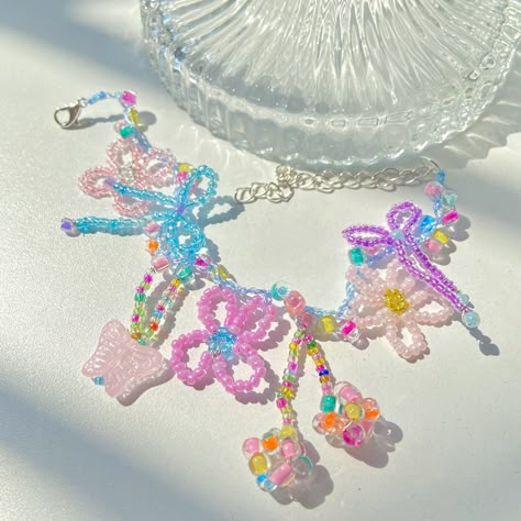 Purple Blossom, Butterfly Colorful, Dreamy Style, Seed Bead Crafts, Her Aesthetic, Flower Purple, Fairy Style, Handmade Jewelry Bracelets, Beaded Necklace Diy