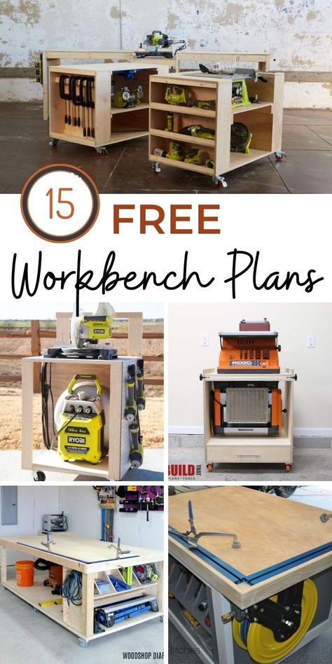 Wood Shop Workbench, Workshop Bench Plans, Rolling Workbench With Table Saw, Work Bench Plans How To Build, Workshop Workbench Ideas, Wood Workbench Plans, Wood Workbench Ideas, Diy Mobile Workbench Plans, Free Workbench Plans Diy