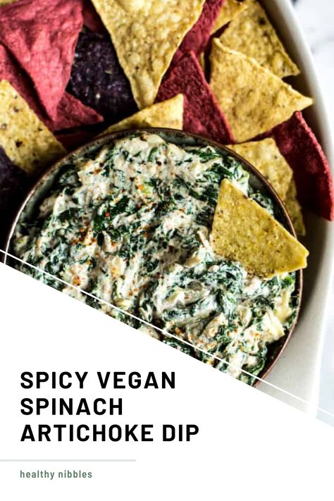 Spinach artichoke dip with tortilla chips Healthy Spinach Artichoke Dip, Vegan Spinach Artichoke Dip, Dairy Free Dips, Recipes For Game Day, Vegan Spinach, Cashew Cream, Spinach Artichoke Dip, The Dip, Healthy Vegan Recipes