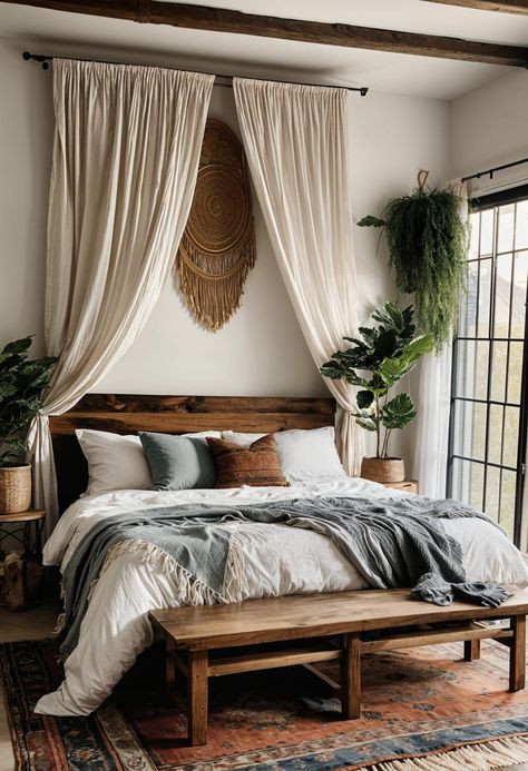 Guest Bedroom Boho Farmhouse, Bedroom Inspirations With Windows, Master Bedrooms Boho Chic, Off White Walls Bedroom, Cozy Neutral Bedding Ideas, Cream Wall Bedroom Ideas, Master Bedrooms White Walls, Small Master Room Design, Cute Boho Decor