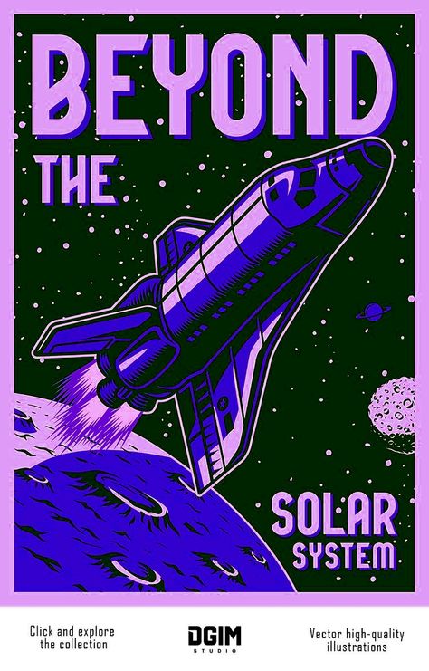 Retro Futurism Art Poster, Astronomy Design Ideas, Space Man Aesthetic, Future Graphic Design Inspiration, Spaceship Graphic Design, Service Advertisement Poster, Nasa Poster Vintage, Telescope Graphic Design, Retro Space Graphic Design