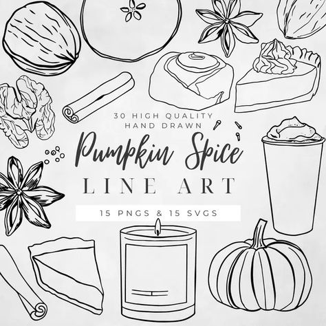 JirinaTayoneDesigns - Etsy Fall Line Art, Pumpkin Line Art, Cinnamon Roll Pumpkin, Pumpkin Spice Pie, Fall Icons, Line Art Svg, All Spice, Diary Stickers, Stickers Packaging