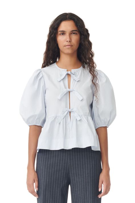 Heather Light Blue Cotton Poplin Peplum Blouse | GANNI ES 2024 Spring Summer, Model Look, Linnet, Peplum Blouse, Tshirt Skirt, Shirt Skirt, Blouse Top, Cotton Poplin, 90s Fashion