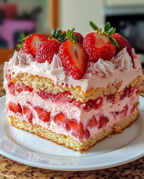 Honeybun Cake, Strawberries And Cream Cake, Strawberry Poke Cake, Gelato Cake, Strawberry Poke Cakes, Fruity Dessert, Light Cake, Fresh Strawberry Cake, Food References