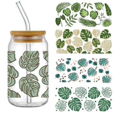 Monstera Tropical Leaves Boho Uv Dtf Cup Wraps Decals - Temu Glass Jar Decoration, Glass Bottle Diy, Cup Wraps, Glass Can Wrap, Diy Wrap, Photo Album Diy, Cup Decal, Album Diy, 3d Crystal