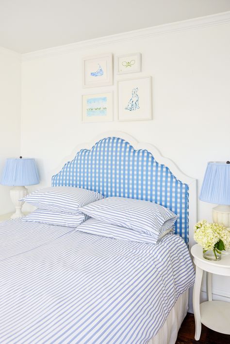 REUPHOLSTERED GINGHAM HEADBOARD | Design Darling Gingham Headboard, Beach House Interior Ideas, Nautical Interior Design, My Studio Apartment, Cozy Beach House, Gingham Curtains, Blue Headboard, Nautical Interior, Stripe Bedding