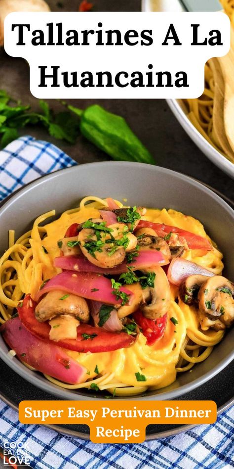 You must try this super quick and easy dinner recipe: Spicy Pasta a la Huancaina with Mushroom Saltado! This authentic Peruvian dish combines creamy, spicy Huancaina sauce with savory mushroom saltado, offering a delicious and satisfying meal in no time. Perfect for busy weeknights, this recipe brings the taste of Peru to your table effortlessly. Enjoy the vibrant, spicy flavors of this unique and delectable dish tonight! #dinnerrecipes #peruvianrecipes Peruvian Pasta, Peruvian Dishes, Spicy Pasta, Vegetarian Pasta Recipes, Peruvian Recipes, Vegetarian Pasta, Easy Pasta Recipes, Satisfying Food, Weeknight Dinner