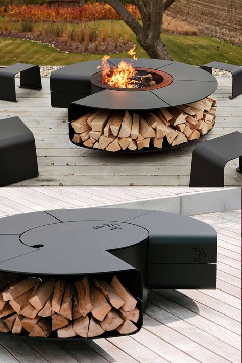 On top of being a fireplace, its engineered aluminum frame can be reconfigured into a sofa or a champagne bar using the accessories they have on offer. With them. the fire pit becomes a champagne bucket, a tabletop, or an outdoor parasol base. And the storage space underneath the pit can be used for wood or as a place to organize your extensive wine collection. Mororo Rocco, Fire Pit Wood Storage, Outside Fire Pit Ideas, Wood Storage Outdoor, Unique Fire Pit Ideas, Garden Fire Pit Ideas, Fire Pit Ideas Backyard, Furniture Space Saving, Fireplace Table