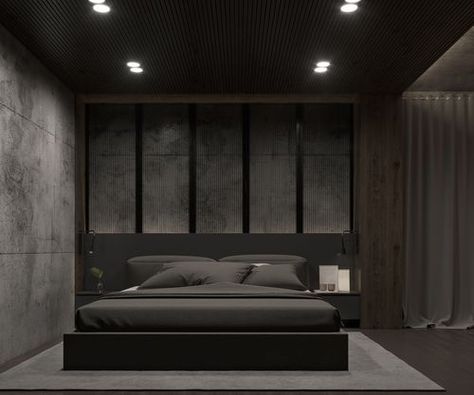 Dark bedroom with grey bed on wood and concrete wall.Exposed brick walls or concrete plains make a high-end décor scheme for industrial bedrooms. #bedroom #bedroomdecor #urban #industrial #bedrooms #gray #graybedroom #interior #bedroominterior #interiordesign #decor #greyinterior #classy #interiordecor Long Dressing Room, Black Marble Bedroom, Concrete Wall Bedroom, Small Bedroom Ideas For Men, Concrete Bedroom, Black Walls Bedroom, Marble Bedroom, Dark Interior Design, Modern Apartment Interior