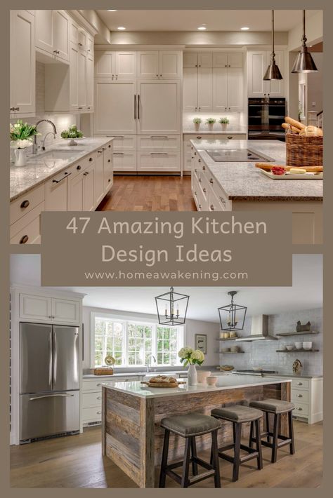 47 amazing kitchen design ideas (photo gallery) #kitchen #decor Large Farmhouse Kitchen Layout, Kitchen Arrangement Ideas Layout, Large Kitchen Design Ideas, Farmhouse Kitchen Layouts With Island, Island Kitchen Ideas Farmhouse, Farmhouse Kitchen Islands Ideas, Kitchen Island Layout Ideas, Kitchens With Islands Layout Design, Farmhouse Island Kitchen Decor