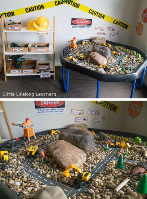 Set up a construction site in your dramatic play and imaginative play space | construction site party | construction site dramatic play printables | Imaginative play ideas for toddlers, preschoolers and kindergarten children | Posters, signs, labels and p Construction Dramatic Play, Childcare Rooms, Dramatic Play Ideas, Set Construction, Role Play Areas, Tuff Tray Ideas, Tuff Spot, Construction Play, Early Years Classroom