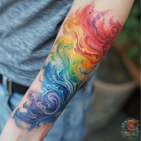 Create Tattoo Ideas, Ankle Watercolor Tattoo, Watercolor Water Tattoo, Paint Drip Tattoo, Unique Rainbow Tattoo, Lightning Sleeve Tattoo, Rainbow Wave Tattoo, Elements Of Earth, Abstract Rainbow Tattoo