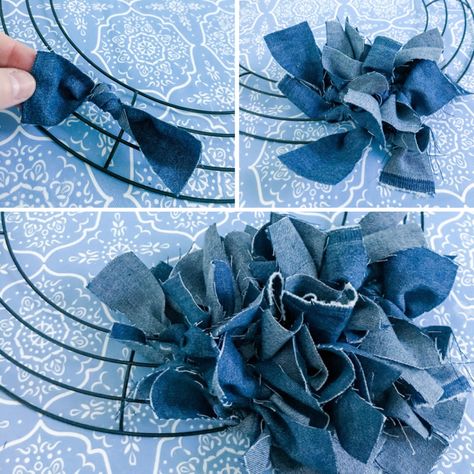 DIY Denim Doggie Rag Wreath Blue Jean Wreath Ideas, Denim Rag Wreath Diy, Jean Wreath Recycled Denim, Blue Jean Wreath Diy, Denim Wreath Diy, Blue Jean Wreath, Denim Rag Wreath, Flannel Wreath Diy, Denim Wreath Old Jeans