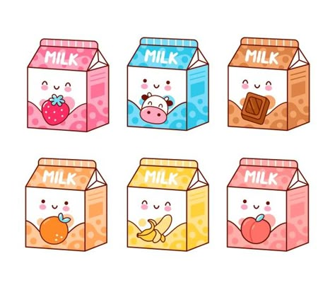 Cute happy funny flavored milk set | Premium Vector #Freepik #vector #box #character #cartoon #chocolate Milk Drawing, Milk Cartons, 귀여운 음식 그림, Desain Quilling, Paper Duck, Cute Food Drawings, Food Drawings, Stickers Kawaii, Cute Food Art