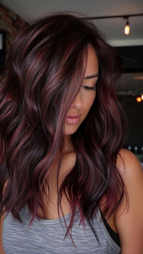 25 Burgundy Hair Ideas for an Elegant Makeover Burgundy Hair Lowlights, Dark Hair With Some Color, Brunette Hair For Summer 2024, Red Hair Color For Dark Hair, Burgundy Balayage With Money Piece, Merlot Highlights On Brown Hair, Red Violet Money Piece, All Over Color For Dark Hair, Brown With Plum Highlights