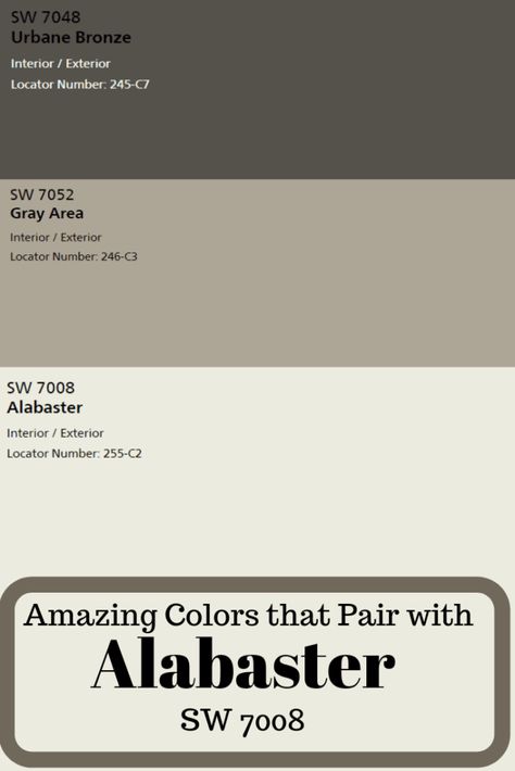 Because Sherwin Williams Alabaster has the perfect combination of warm and cool neutral undertones, you can use this perfect paint color virtually anywhere.#painting #home #paintcolors #homedecor Bone And Stone Paint, Urban Bronze Shiplap Wall, Sherwin Williams Paint Colors Alabaster, Sw Naval Paint Color Palettes Exterior, Beige Metal Roof Exterior Colors, Board And Batten Exterior Walls, Sw Pottery Urn Paint, House Paint Exterior Sherwin Williams, Neutral Home Exterior Colors