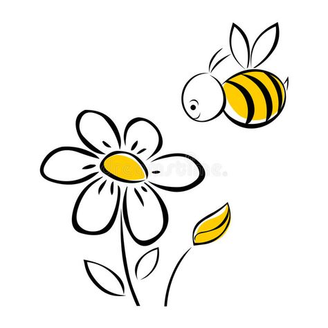 Flower With Bee Drawing, Bee Flower Drawing, Bees And Flowers Drawing, Bee And Flower Drawing, A Bee Drawing, Bees Drawing, Drawing With Flowers, Bee Background, Bee Flowers