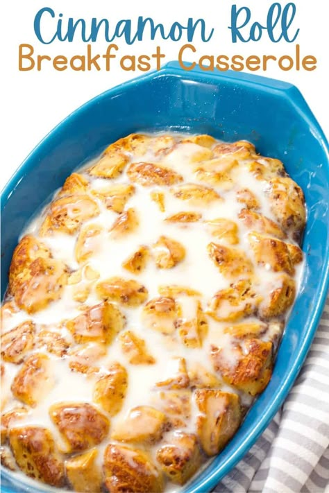 Cinnamon Roll Breakfast Casserole is a delicious breakfast casserole made with eggs, milk, and canned cinnamon rolls and topped with icing. via @mindyscookingobsession Breakfast Casserole With Cinnamon Rolls And Eggs, Breakfast Casserole With Cinnamon Rolls, Cinnamon Roll Breakfast Casserole, Cinnamon Roll Breakfast, Canned Cinnamon Rolls, Vacation Breakfast, 1 Pan Meals, Breakfast Favorites, Delicious Breakfast Casserole