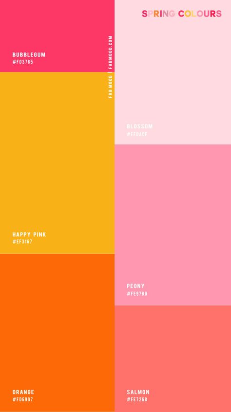 Fruit Punch Color Palette, Bright Sunset Color Palette, Passion Fruit Color Palette, Spring Color Palate, Retro Spring Wedding, Colour Palette 4 Colours, Bright And Fun Color Palette, Pink Color Schemes Colour Palettes, Pink Orange Yellow Color Palette