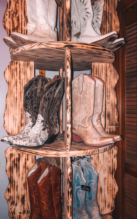 Custom boot rack - western boots - cowgirl boots - western fashion Cowboy Boot Shelf Display, Cowboy Boot Holder, Boot Shelf Diy, Cowboy Boot Storage Diy, Cowgirl Boot Storage, Cowgirl Boot Organization, Western Storage Ideas, Western Organization Ideas, Western Boot Rack