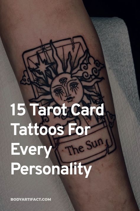 We've collected the best tarot card tattoos to help inspire your next piece of ink. Tarot Art Tattoo, Hand With Tarot Card Tattoo, Tarro Cards Tattoo Ideas, Tarot Card Tattoo And Meaning, Tarot Card Tattoo Women, The Lovers Tarot Card Tattoo Meaning, Realism Tarot Card Tattoo, Fortune Card Tattoo, Major Arcana Tattoo