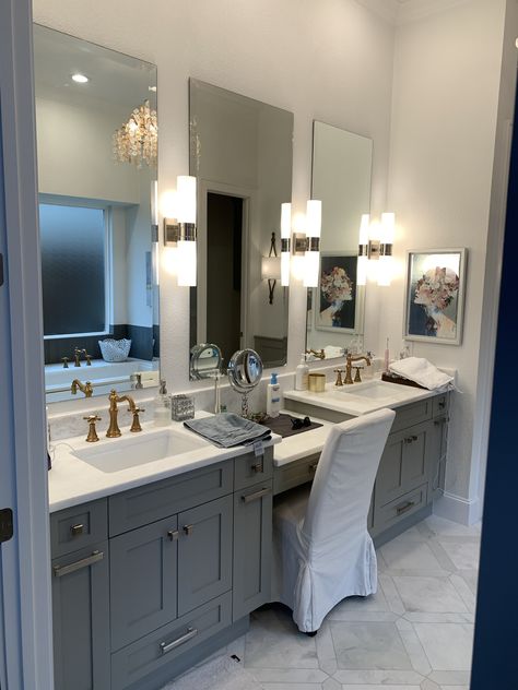 Bathroom Remodel Double Sink Layout, Bathroom Vanity With Bench, Ultimate Master Bath, Bathroom With A Vanity, Bath Makeup Vanity, Bathroom Vanity With 2 Sinks And Makeup Area, Double Sink Master Bath Ideas, Bathroom Vanity With Sitting Area, Two Sink Bathroom Vanity