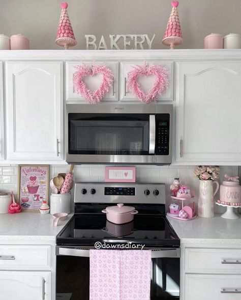 Diy Valentine’s Day Home Decor, Valentine’s Day Kitchen Cabinet Decor, Kitchen Valentine's Day Decor, Valentines Decorations For Kitchen, Valentines Kitchen Cabinet Decor, Decorating Home For Valentines Day, Valentine’s Day Cabinet Decor, Valentine Kitchen Island Decor, Valentine House Decorations