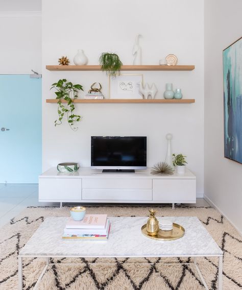 Our Kasbah Moroccan Wool Rug making a statement in this living room reveal, seen on Adore Mag! Living Room Reveal, Tv Wall Decor, Tv Wall Design, Tv Decor, Living Room Tv Wall, Room Remodeling, White Furniture, Living Room Decor Apartment, A Living Room