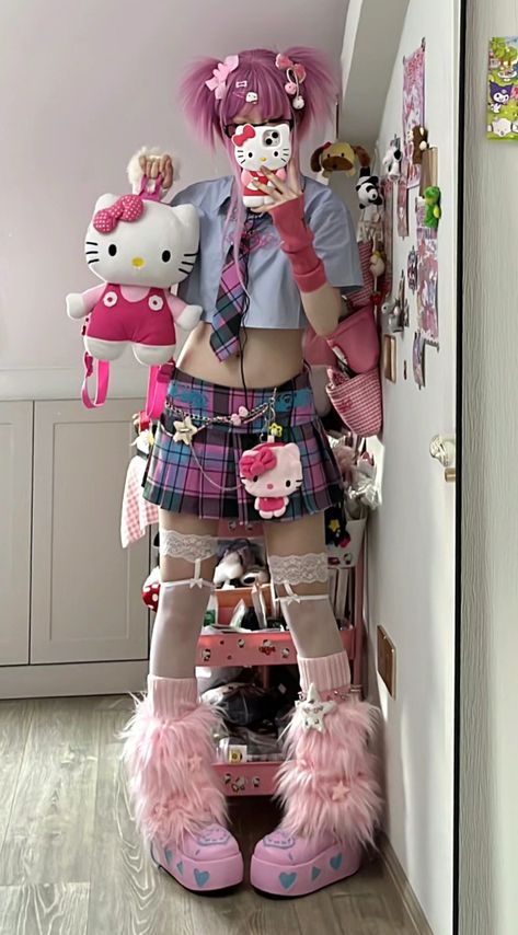 ID:495970215  #jfashion #cfashion #kfashion #cute #aesthetic #aestheticfashion #uniform #legwarmers #pink #purple #hellokitty #skirt #fashion Hyperpop Aesthetic Fashion, Hyperpop Outfit, Hyperpop Fashion, Hyperpop Aesthetic, Pink Uniform, Pink Skirt Outfits, Hawaii Fashion, Hawaii Style, Concept Ideas