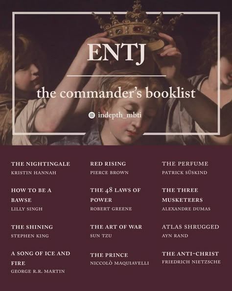 Entj Movie List, Enfj Booklist, Entj Books, Entj Booklist, Mbti Booklist, Entp Booklist, Books For Intp, Entj Personality Aesthetic, Entj Quotes