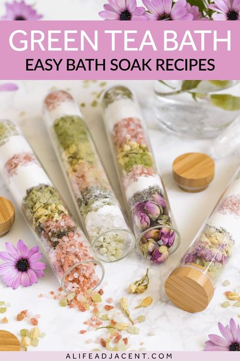 Green tea bath salts shown in glass bath salt test tube packaging. Text overlay: green tea bath easy bath soap recipes. Green Tea Bath Soak, Diy Bath Tea Recipes, Recipes With Matcha, Bath Tea Bags Diy, Tea Bath Soak, Homemade Green Tea, Bath Tea Recipe, Diy Green Tea, Diy Bath Soak