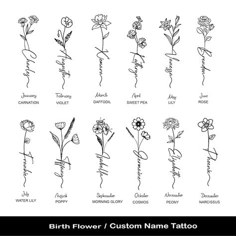 Mothers Name Tattoo Ideas For Men, Birth Flower Name Tattoo, Flower Name Tattoo, Husband Name Tattoos, Mama Tattoos, Daughters Name Tattoo, Flower Tats, Name Flower Tattoo, Tattoo Name Fonts