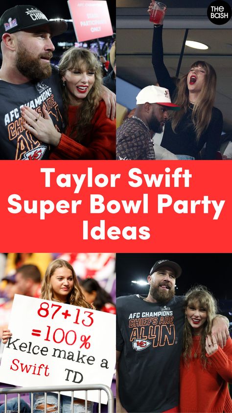 The Kansas City Chiefs are Super Bowl LVIII bound! If you’re a Swiftie as well as a football fan, check out these Taylor Swift Super Bowl party ideas! Plan your Taylor Swift themed Super Bowl party with ideas from The Bash!🎉🏈 #thebash #taylorswift #traviskelce #superbowl #superbowlparty #taylorswiftparty #taylorswiftthemedparty #taylorswiftpartytheme #taylorandtravis #taylorswiftsuperbowlparty #swifties #taylorswiftpartyideas #superbowllviii #superbowlpartyideas Taylor Swift At Super Bowl, In My Super Bowl Era, Taylor Swift Chiefs Super Bowl Party, Taylor Super Bowl Party, Swiftie Bowl Party, Super Bowl Taylor Swift Party, Taylor Swift Superbowl Party Ideas, Swift Super Bowl, Superbowl Taylor Swift