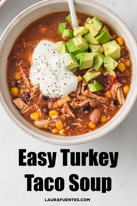 A super quick and hearty turkey taco soup made with beans, salsa, taco seasoning, and shredded roasted turkey. Turkey Taco Soup Recipe, Taco Soup Recipe Crockpot, Turkey Taco Soup, Ground Turkey Chili, Shredded Turkey, Turkey Taco, Turkey Broth, Taco Soup Recipe, Turkey Tacos