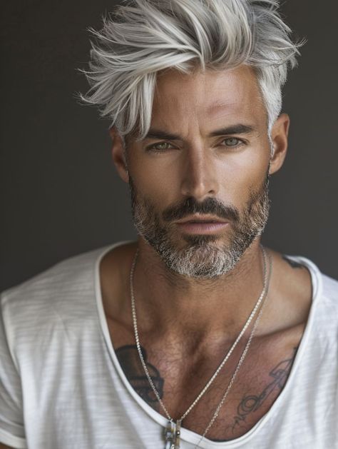 Men With Gray Eyes, Men With Silver Hair, Men With Gray Hair, Man's Hairstyle, Cool Hair Color Ideas, Hair Color Ideas For Men, Hair Color For Men, Silver Hair Men, Natural White Hair