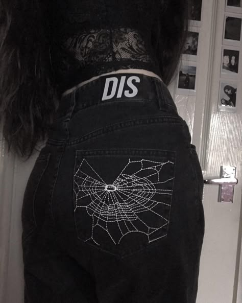 Diy Clothes Upcycle Goth, Goth Jeans Diy, Jean Embroidery Grunge, Jean Modification, Black Background Embroidery, Goth Embroidery Clothes, Alt Embroidery Ideas, Goth Clothing Diy, Goth Sewing Projects