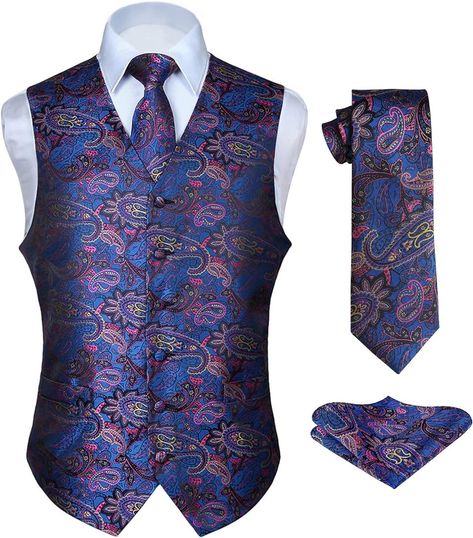 HISDERN Men's Paisley Floral Jacquard Waistcoat&Necktie and Pocket Square Vest Suit Set , Black, XS : Amazon.co.uk: Fashion 1920s Mens Clothing, Waistcoat Suit, Tie Gift Box, Mardi Gras Outfits, Suit Tuxedo, Vest Waistcoat, Tuxedo Suit, Paisley Floral, Floral Jacquard