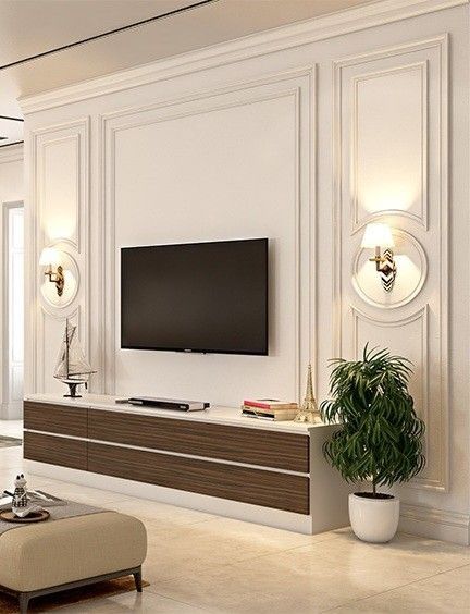 Home Moulding Ideas, Hall Tv Panel, Wall Molding Design Tv Unit, Moulding Wall Design Living Room, Wall Moulding Around Tv, Moulding Tv Panel, Tv Unit With Moulding Design, Classical Lcd Wall Design, Wall Molding Tv Room