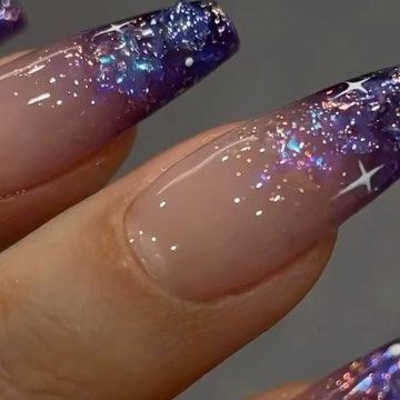 Sweetie Nail Supply on Instagram: "We are obsessed with the latest DVOK December collection! Keep your eyes peeled for another tutorial on how to achieve this dreamy starry night look. Every collection comes with 10 glitter gel polishes and 2 packs of decoration stones as a gift! Selling fast, you don’t want to miss this one of a kind set! 🏃‍♀️💨 HEMA-free, 13-free Shop now at www.sweetienailsupply.com For inquiries please contact us through email at sales@sweetienailsupply.com 👍 #hemafree #nailset #naillook #gelnails #gelnailsdesign #nailinspo #nailinspiration #nailart #nailaddict #nailreel #starrynails #nailtrends #nailsoninstagram #nailvideo" Under The Stars Nail Ideas, Cosmic Nails Acrylic, Night Under The Stars Nails, Starry Night Prom Nails, Prom Nails Stars, Star Night Nails, Galaxy French Tip Nails, Starry Night Nails Acrylic, Stary Night Nail Designs