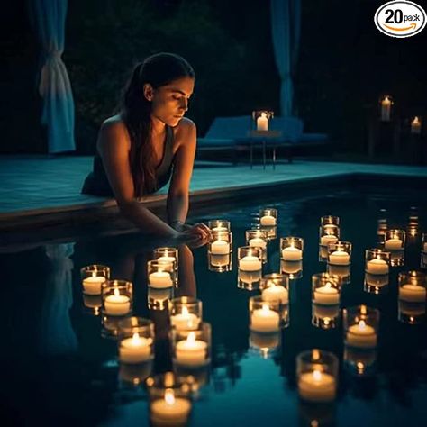 Pool Decor For Wedding Receptions, Romantic Pool Decor, Hot Tub Floating Lights, Floating Tea Lights Wedding, Pool With Candles, Floating Candles In Pool Wedding, Pool Wedding Decorations Floating Lights, Floating Candles Pool Wedding, Wedding Pool Ideas